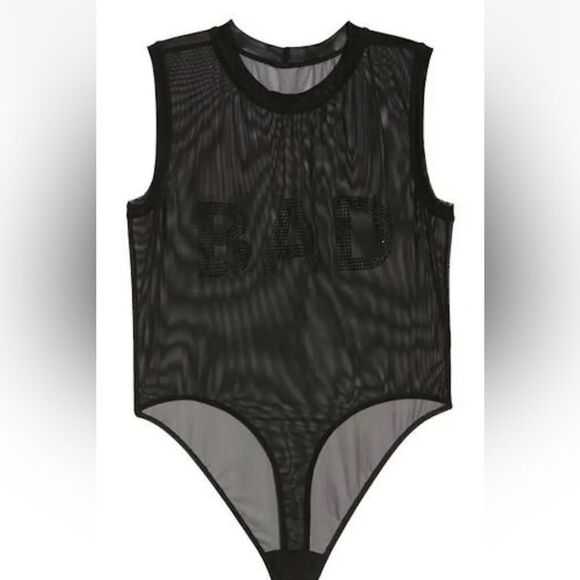 NWOT New Good American Good Body Bad Girl Black Rhinestone Sheer Bodysuit Small - Picture 4 of 13